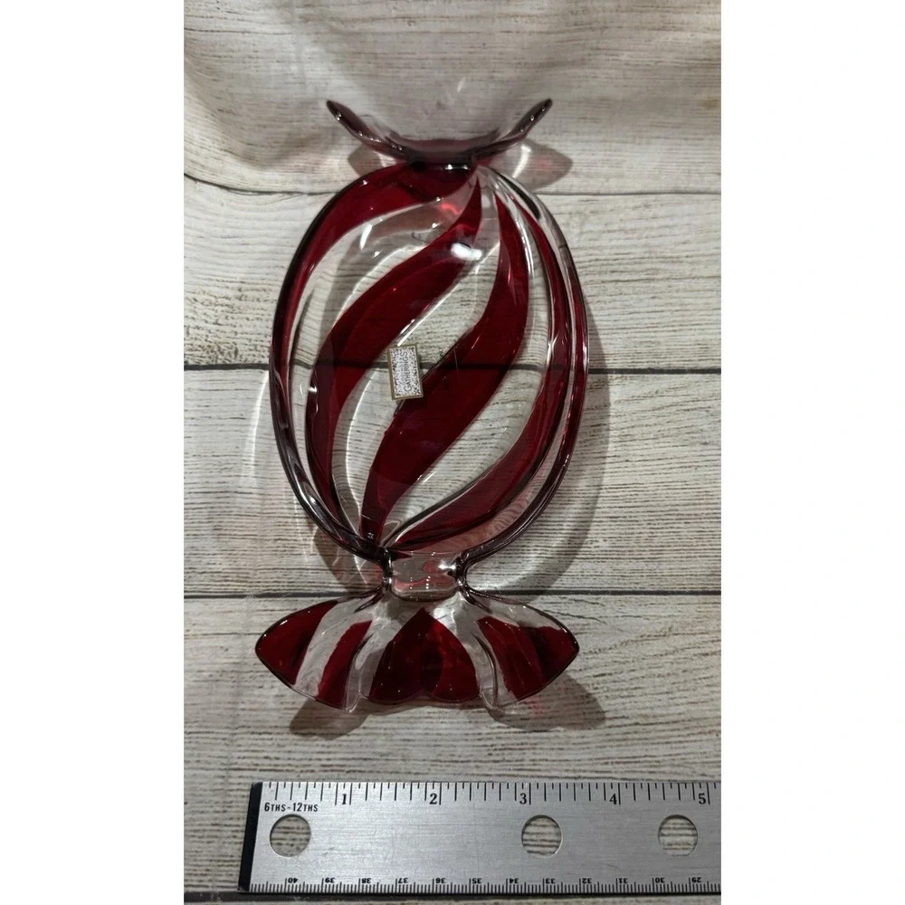 NIB Godinger Gatherings Candy Dish Peppermint Tray Crystal Christmas Red Tub18